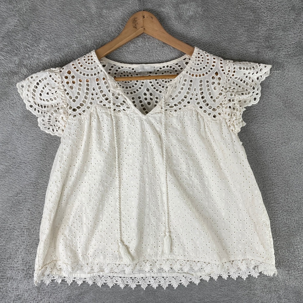 Jennifer Grace Eyelet Blouse Womens Large White Cotton Boho Flutter Sleeve Top